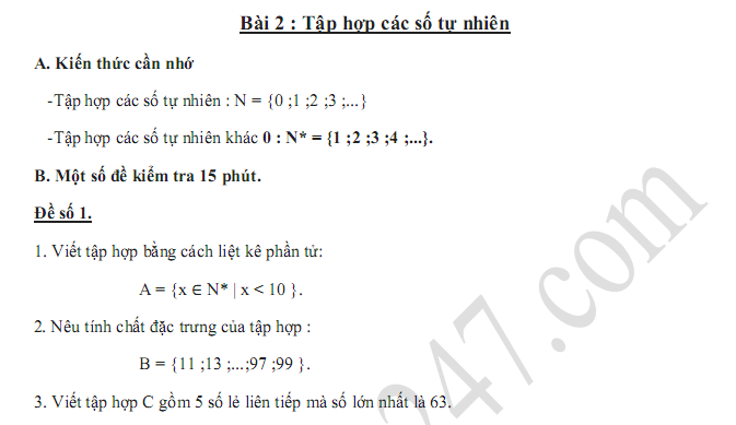 Đề kiểm tra 15 phút lớp 6 môn Toán - Bài 2 Chương 1 Đại số