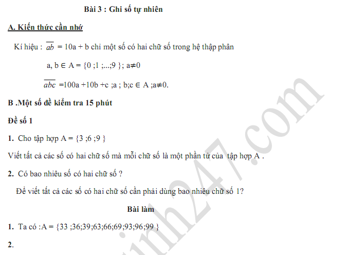 Đề kiểm tra 15 phút lớp 6 môn Toán - Bài 3 Chương 1 Đại số