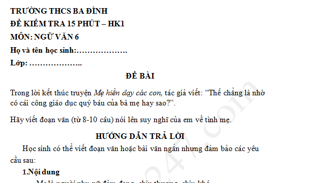 Đề kiểm tra 15 phút lớp 6 môn Văn học kì 1 - THCS Ba Đình