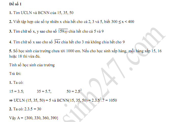 Đề kiểm tra 1 tiết môn toán lớp 6 Chương 1 Đại số