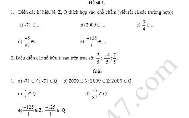 Đề kiểm tra 15 phút lớp 7 môn Toán - Bài 1 Chương 1 Đại số