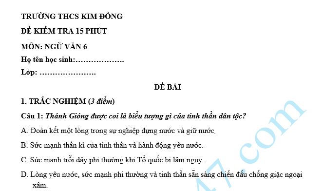 Đề kiểm tra 15 phút lớp 6 môn Văn học kì 1 - THCS Kim Đồng