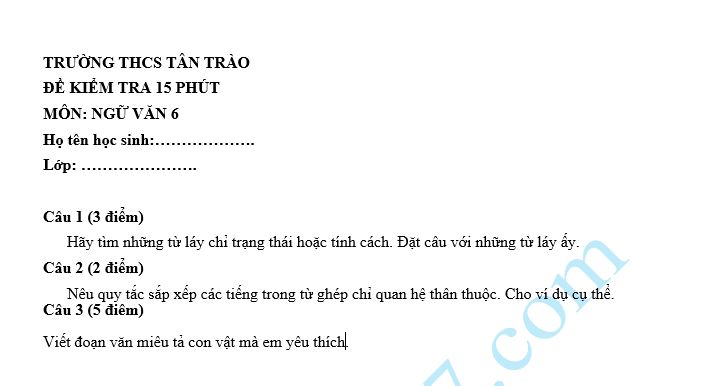 Đề kiểm tra 15 phút lớp 6 môn Văn học kì 1 - THCS Tân Trào