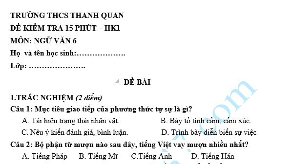 Đề kiểm tra 15 phút lớp 6 môn Văn học kì 1 - THCS Thanh Quan