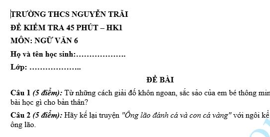 Đề kiểm tra 45 phút lớp 6 môn Văn học kì 1 - THCS Nguyễn Trãi