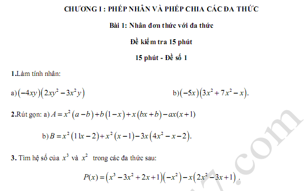 Đề kiểm tra 15 phút môn toán lớp 8 - Bài 1 Chương 1 Đại số