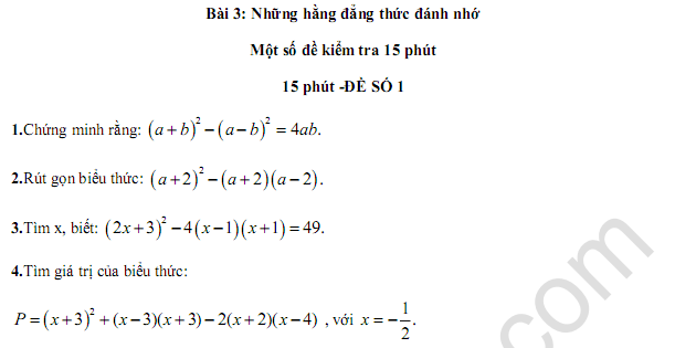 Đề kiểm tra 15 phút môn toán lớp 8 - Bài 3 Chương 1 Đại số