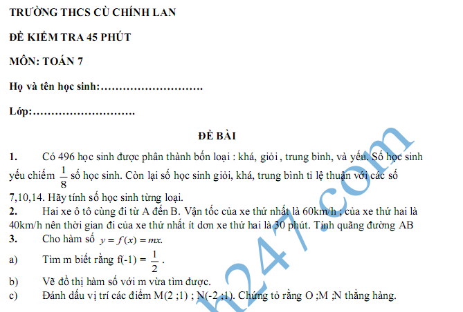 Đề kiểm tra 45 phút môn toán lớp 7 Chương 2 Đại số - THCS Cù Chính Lan