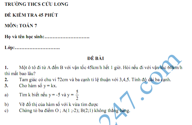 Đề kiểm tra 1 tiết môn toán lớp 7 Chương 2 Đại số - THCS Cửu Long