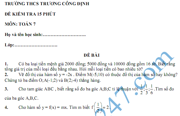 Đề kiểm tra 1 tiết môn toán lớp 7 Chương 2 Đại số - THCS Trương Công Định