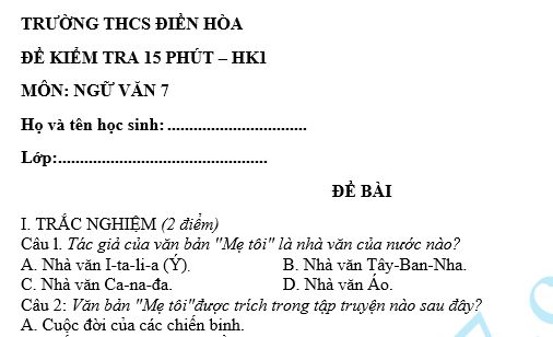 Đề kiểm tra 15 phút lớp 7 môn Văn học kì 1 - THCS Điền Hòa