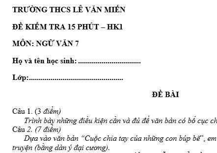 Đề kiểm tra 15 phút lớp 7 môn Văn học kì 1 - THCS Lê Văn Miên