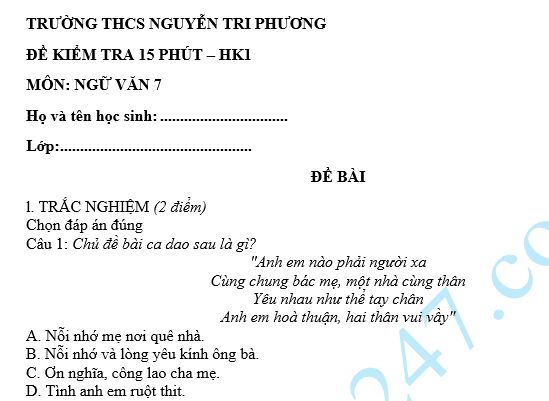 Đề kiểm tra 15 phút lớp 7 môn Văn học kì 1 - THCS Nguyễn Tri Phương
