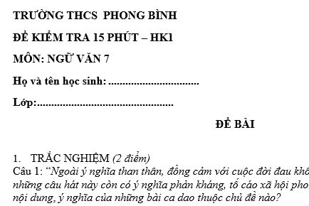Đề kiểm tra 15 phút lớp 7 môn Văn học kì 1 - THCS Phong Bình