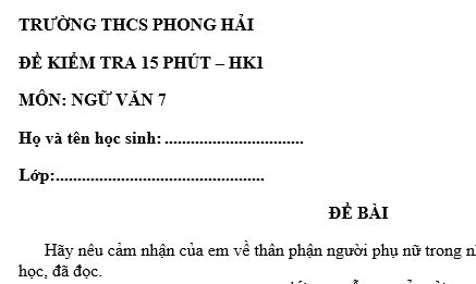 Đề kiểm tra 15 phút lớp 7 môn Văn học kì 1 - THCS Phong Hải