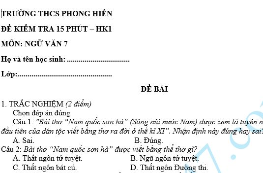 Đề kiểm tra 15 phút lớp 7 môn Văn học kì 1 - THCS Phong Hiền