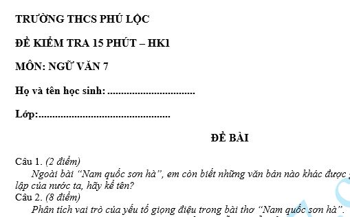 Đề kiểm tra 15 phút lớp 7 môn Văn học kì 1 - THCS Phú Lộc