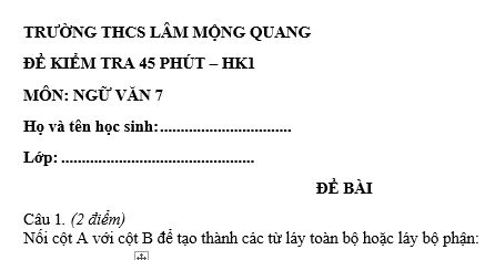 Đề kiểm tra 45 phút lớp 7 môn Văn học kì 1 - THCS Mộng Quang
