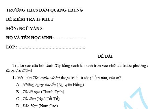 Đề kiểm tra 15 phút lớp 8 môn Văn học kì 1 - THCS Đàm Quang Trung