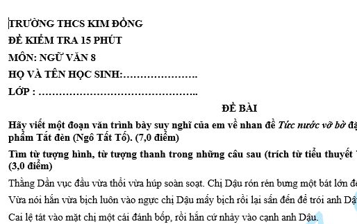 Đề kiểm tra 15 phút lớp 8 môn Văn học kì 1 - THCS Kim Đồng