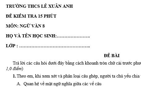 Đề kiểm tra 15 phút lớp 8 môn Văn học kì 1 - THCS Lê Xuân Anh