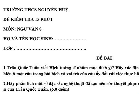 Đề kiểm tra 15 phút lớp 8 môn Văn học kì 1 - THCS Nguyễn Huệ