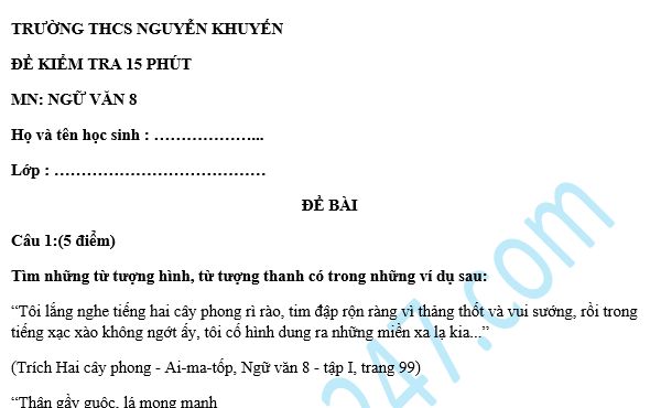 Đề kiểm tra 15 phút lớp 8 môn Văn học kì 1 - THCS Nguyễn Khuyến