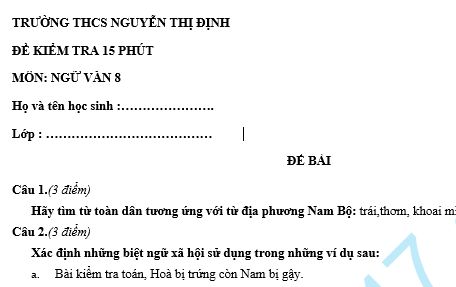 Đề kiểm tra 15 phút lớp 8 môn Văn học kì 1 - THCS Nguyễn Thị Định