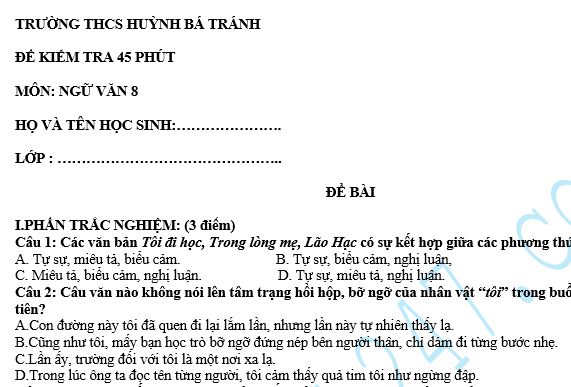 Đề kiểm tra 45 phút lớp 8 môn Văn học kì 1 - THCS Huỳnh Bá Tránh