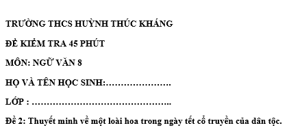 Đề kiểm tra 45 phút lớp 8 môn Văn học kì 1 - THCS Huỳnh Thúc Kháng