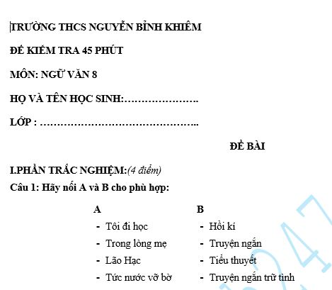 Đề kiểm tra 45 phút lớp 8 môn Văn học kì 1 - THCS Nguyễn Bỉnh Khiêm