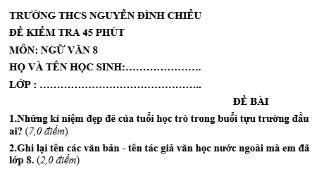 Đề kiểm tra 45 phút lớp 8 môn Văn học kì 1 - THCS Nguyễn Đình Chiểu