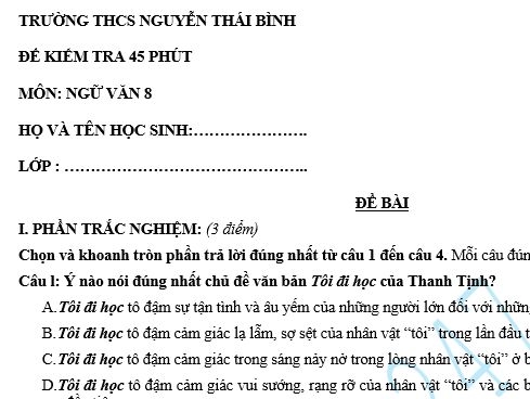  Đề kiểm tra 45 phút lớp 8 môn Văn học kì 1 - THCS Nguyễn Thái Bình