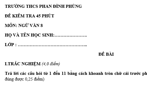 Đề kiểm tra 45 phút lớp 8 môn Văn học kì 1 - THCS Phan Đình Phùng