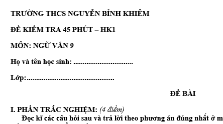 Đề kiểm tra 1 tiết lớp 9 môn Văn học kì 1 - THCS Nguyễn Bỉnh Khiêm