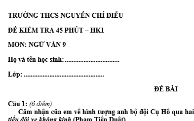  Đề kiểm tra 45 phút lớp 9 môn Văn học kì 1 - THCS Nguyễn Chí Diễu