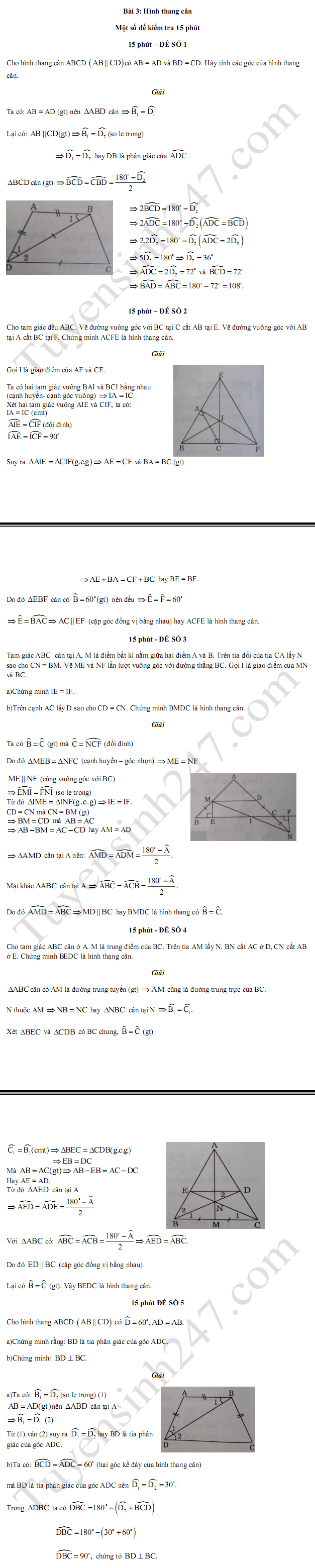 Đề kiểm tra 15 phút môn toán lớp 8  Bài 3 Chương 1 Hình học