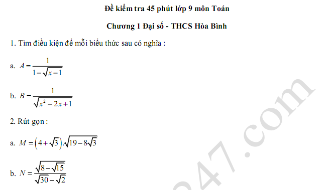 Đề kiểm tra 45 phút lớp 9 môn Toán Chương 1 Đại số - THCS Hòa Bình