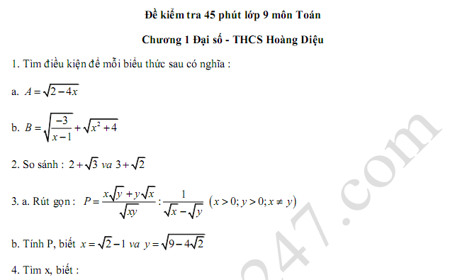 Đề kiểm tra 1 tiết lớp 9 môn Toán Chương 1 Đại số - THCS Hoàng Diệu