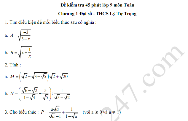 Đề kiểm tra 1 tiết lớp 9 môn Toán Chương 1 Đại số - THCS Lý Tự Trọng