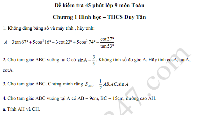 Đề kiểm tra 45 phút lớp 9 môn Toán Chương 1 Hình học - THCS Duy Tân