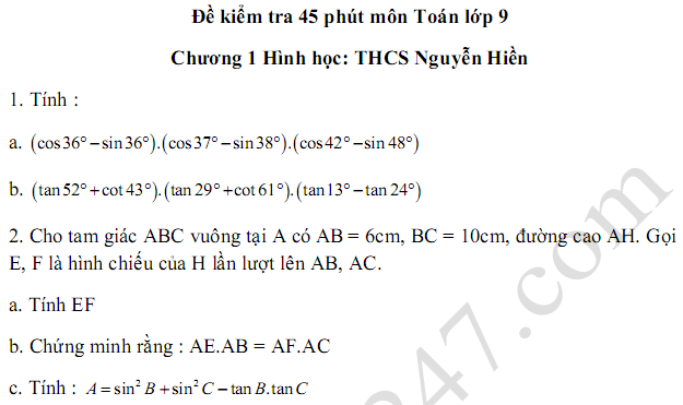 Đề kiểm tra 45 phút lớp 9 môn Toán Chương 1 Hình học - THCS Nguyễn Hiền