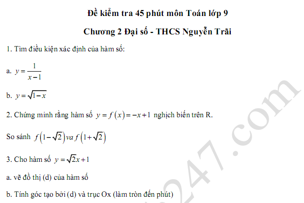 Đề kiểm tra 45 phút môn Toán lớp 9 Chương 2 Đại số - THCS Nguyễn Trãi