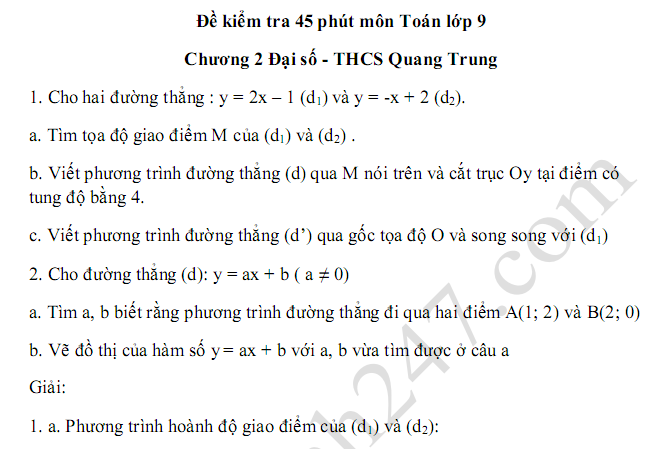 Đề kiểm tra 1 tiết môn Toán lớp 9 Chương 2 Đại số - THCS Quang Trung