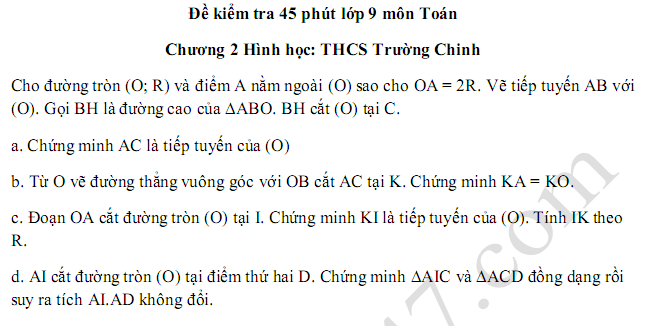 Đề kiểm tra 1 tiết môn Toán lớp 9 Chương 2 Hình Học - THCS Trường Chinh