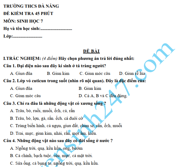 Đề kiểm tra 45 phút lớp 7 môn Sinh học kì 1 - THCS Đà Nẵng