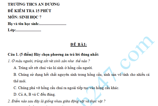 Đề kiểm tra 15 phút lớp 7 môn Sinh kì 1 - THCS An Dương