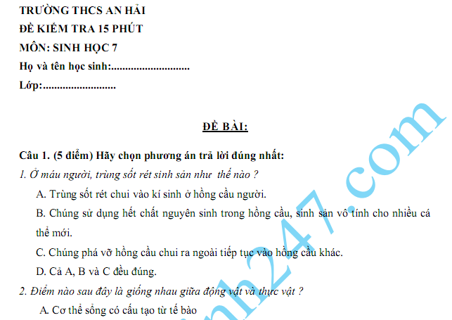 Đề kiểm tra 15 phút lớp 7 môn Sinh kì 1 - THCS An Hải