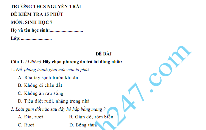 Đề kiểm tra 15 phút lớp 7 môn Sinh kì 1 - THCS Nguyễn Trãi