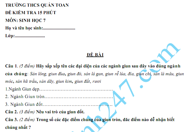 Đề kiểm tra 15 phút lớp 7 môn Sinh kì 1 - THCS Quán Toan
